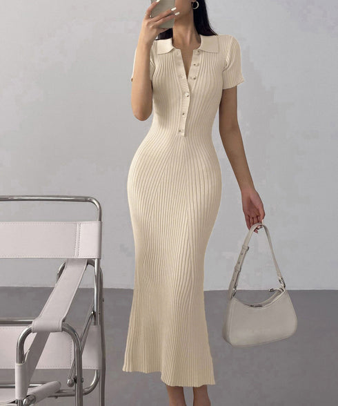 ポロニットワンピース 半袖 ロングワンピ レディース フロントボタンリブワンピース タイトめシルエット サマードレス 大人可愛い Vネックボディコンワンピ春夏秋冬 86SSJL-021