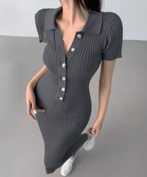 ポロニットワンピース 半袖 ロングワンピ レディース フロントボタンリブワンピース タイトめシルエット サマードレス 大人可愛い Vネックボディコンワンピ春夏秋冬 86SSJL-021