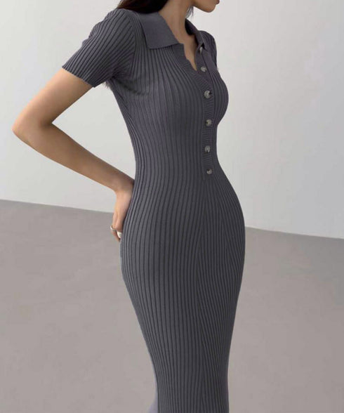 ポロニットワンピース 半袖 ロングワンピ レディース フロントボタンリブワンピース タイトめシルエット サマードレス 大人可愛い Vネックボディコンワンピ春夏秋冬 86SSJL-021