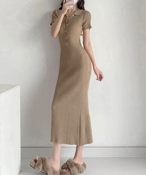 ポロニットワンピース 半袖 ロングワンピ レディース フロントボタンリブワンピース タイトめシルエット サマードレス 大人可愛い Vネックボディコンワンピ春夏秋冬 86SSJL-021