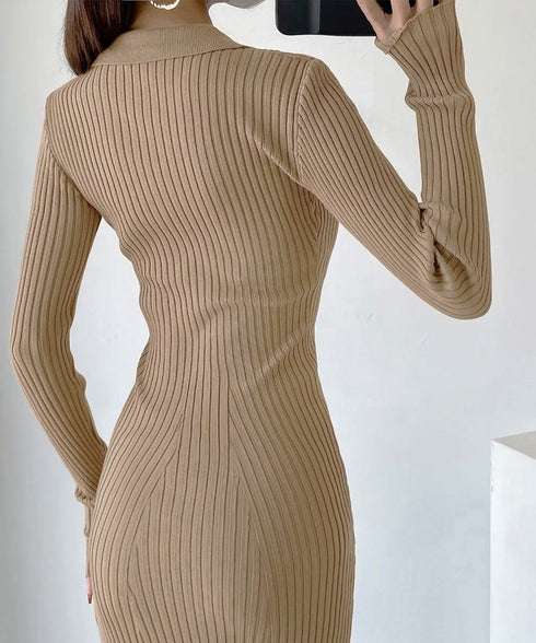 ポロニットワンピース 半袖 ロングワンピ レディース フロントボタンリブワンピース タイトめシルエット サマードレス 大人可愛い Vネックボディコンワンピ春夏秋冬 86SSJL-021