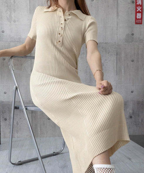 ポロニットワンピース 半袖 ロングワンピ レディース フロントボタンリブワンピース タイトめシルエット サマードレス 大人可愛い Vネックボディコンワンピ春夏秋冬 86SSJL-021