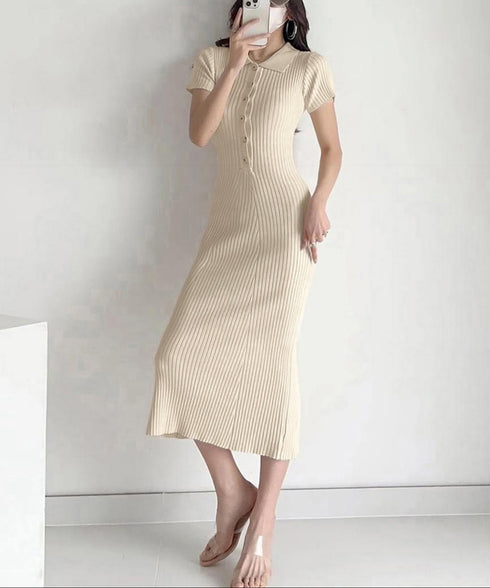 ポロニットワンピース 半袖 ロングワンピ レディース フロントボタンリブワンピース タイトめシルエット サマードレス 大人可愛い Vネックボディコンワンピ春夏秋冬 86SSJL-021