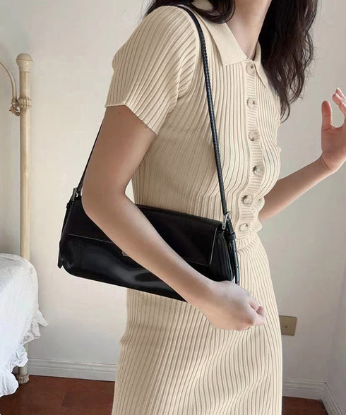 ポロニットワンピース 半袖 ロングワンピ レディース フロントボタンリブワンピース タイトめシルエット サマードレス 大人可愛い Vネックボディコンワンピ春夏秋冬 86SSJL-021