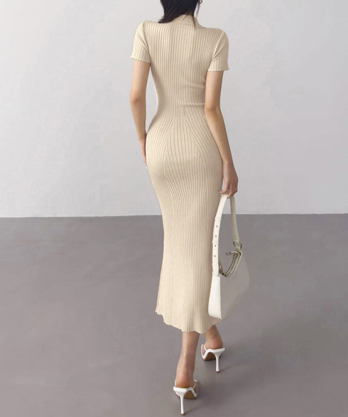 ポロニットワンピース 半袖 ロングワンピ レディース フロントボタンリブワンピース タイトめシルエット サマードレス 大人可愛い Vネックボディコンワンピ春夏秋冬 86SSJL-021