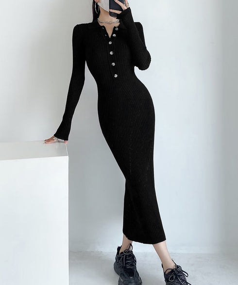 ポロニットワンピース 半袖 ロングワンピ レディース フロントボタンリブワンピース タイトめシルエット サマードレス 大人可愛い Vネックボディコンワンピ春夏秋冬 86SSJL-021