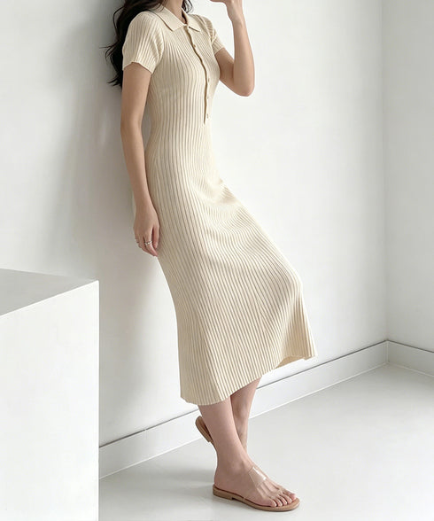 ポロニットワンピース 半袖 ロングワンピ レディース フロントボタンリブワンピース タイトめシルエット サマードレス 大人可愛い Vネックボディコンワンピ春夏秋冬 86SSJL-021