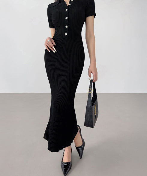 ポロニットワンピース 半袖 ロングワンピ レディース フロントボタンリブワンピース タイトめシルエット サマードレス 大人可愛い Vネックボディコンワンピ春夏秋冬 86SSJL-021