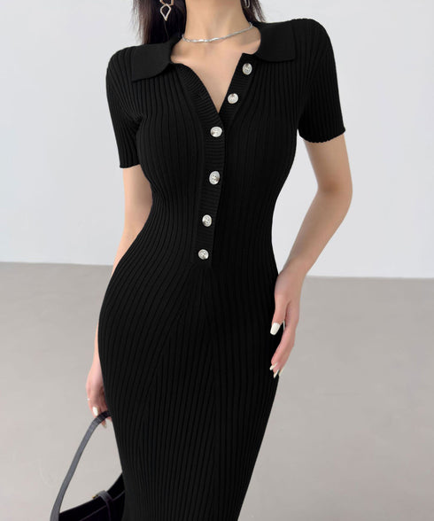 ポロニットワンピース 半袖 ロングワンピ レディース フロントボタンリブワンピース タイトめシルエット サマードレス 大人可愛い Vネックボディコンワンピ春夏秋冬 86SSJL-021