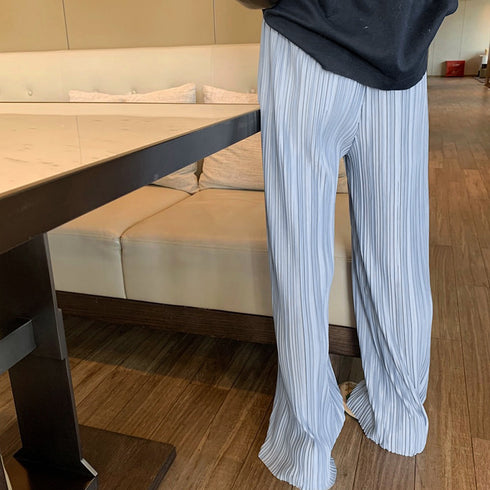 プリーツワイドパンツ2枚セット冷感タッチ セルフカット ロング丈 ショート丈 パンツセットアップ ウエストゴムボトムス ハイウエスト カジュアル 楽ちんパンツ韓国 86SUSHENG-001