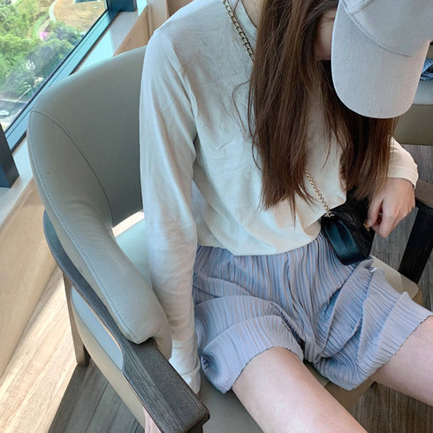 プリーツワイドパンツ2枚セット冷感タッチ セルフカット ロング丈 ショート丈 パンツセットアップ ウエストゴムボトムス ハイウエスト カジュアル 楽ちんパンツ韓国 86SUSHENG-001