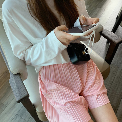 プリーツワイドパンツ2枚セット冷感タッチ セルフカット ロング丈 ショート丈 パンツセットアップ ウエストゴムボトムス ハイウエスト カジュアル 楽ちんパンツ韓国 86SUSHENG-001