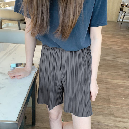 プリーツワイドパンツ2枚セット冷感タッチ セルフカット ロング丈 ショート丈 パンツセットアップ ウエストゴムボトムス ハイウエスト カジュアル 楽ちんパンツ韓国 86SUSHENG-001