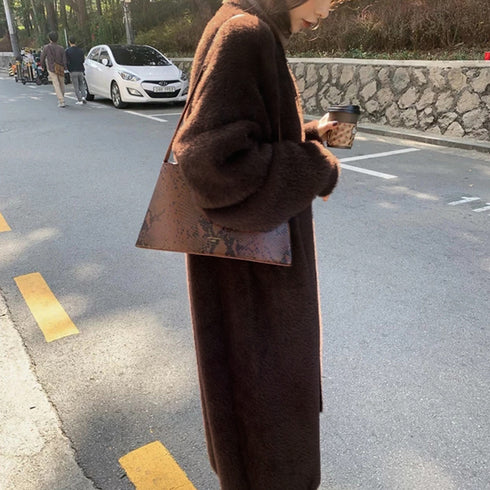 シャギーロングニットカーディガン 韓国風 トッパーカーディガン 体型カバー 長袖 羽織り オフィスカジュアル ライトアウター ゆったり ニットコーディガン 春秋冬 86SXH-001