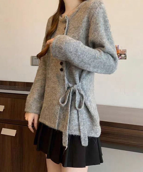 サイドリボンニットトップスボタンデザイン 長袖ニットセーター レディース 韓国風 大人可愛いニットカーディガン ベーシック 大人カジュアル 着やせ秋冬服 おしゃれ 86SXH-002