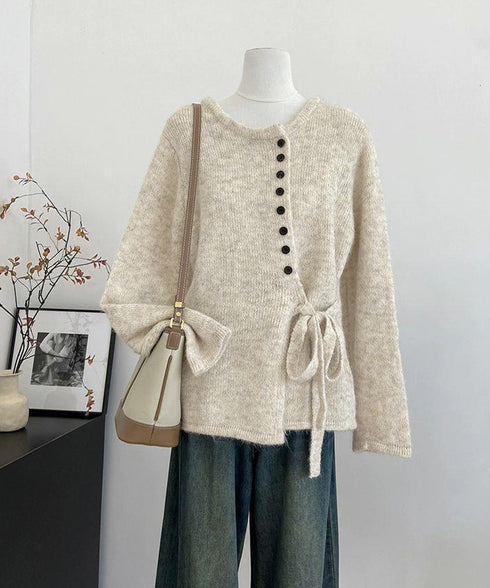 サイドリボンニットトップスボタンデザイン 長袖ニットセーター レディース 韓国風 大人可愛いニットカーディガン ベーシック 大人カジュアル 着やせ秋冬服 おしゃれ 86SXH-002