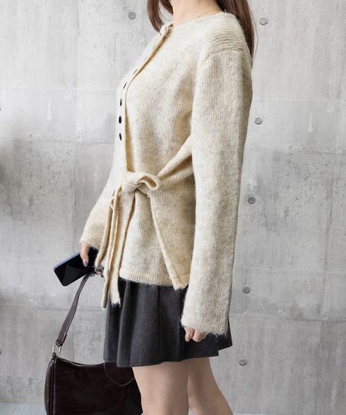 サイドリボンニットトップスボタンデザイン 長袖ニットセーター レディース 韓国風 大人可愛いニットカーディガン ベーシック 大人カジュアル 着やせ秋冬服 おしゃれ 86SXH-002