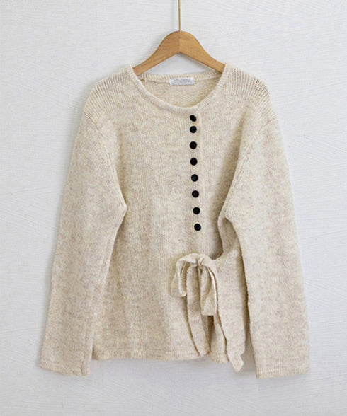 サイドリボンニットトップスボタンデザイン 長袖ニットセーター レディース 韓国風 大人可愛いニットカーディガン ベーシック 大人カジュアル 着やせ秋冬服 おしゃれ 86SXH-002