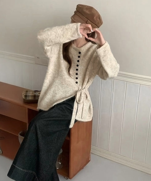 サイドリボンニットトップスボタンデザイン 長袖ニットセーター レディース 韓国風 大人可愛いニットカーディガン ベーシック 大人カジュアル 着やせ秋冬服 おしゃれ 86SXH-002