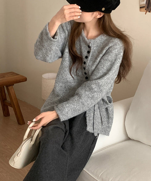 サイドリボンニットトップスボタンデザイン 長袖ニットセーター レディース 韓国風 大人可愛いニットカーディガン ベーシック 大人カジュアル 着やせ秋冬服 おしゃれ 86SXH-002