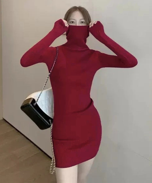 ニットワンピース ミニ タイトワンピース レディース タートルネック ニットドレス おしゃれ 秋冬ボディコンワンピ 無地 スリムフィット 韓国 セクシーワンピ細身 86SY-001