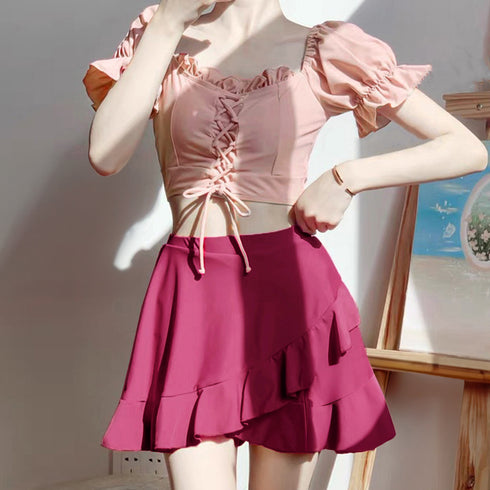 オフショルダー水着 レディースビキニ水着 レースアップ水着 2点セット オフショルトップス パンツ付き フリルミニスカート セパレート水着 露出控えめビーチウェア 86TIANYU-001