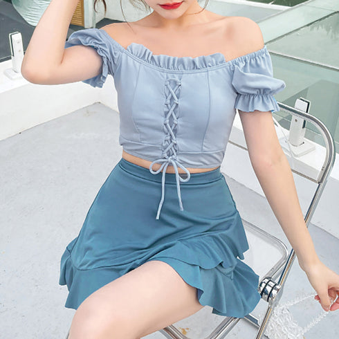 オフショルダー水着 レディースビキニ水着 レースアップ水着 2点セット オフショルトップス パンツ付き フリルミニスカート セパレート水着 露出控えめビーチウェア 86TIANYU-001