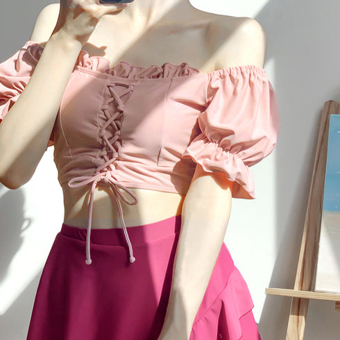 オフショルダー水着 レディースビキニ水着 レースアップ水着 2点セット オフショルトップス パンツ付き フリルミニスカート セパレート水着 露出控えめビーチウェア 86TIANYU-001