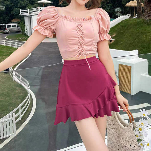 オフショルダー水着 レディースビキニ水着 レースアップ水着 2点セット オフショルトップス パンツ付き フリルミニスカート セパレート水着 露出控えめビーチウェア 86TIANYU-001