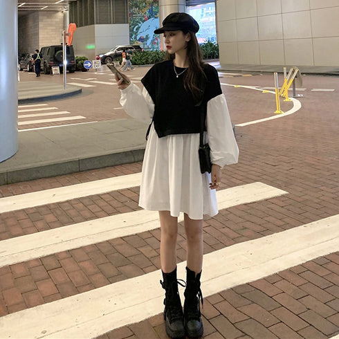 シャツワンピース レディース シャツワンピース レディース ベストレイヤード風 おしゃれ 長袖ワンピース 白 アシンメトリー チュニックワンピ 86XANYT-002