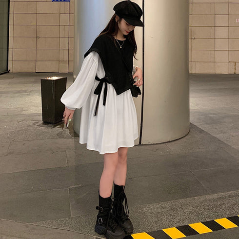 シャツワンピース レディース シャツワンピース レディース ベストレイヤード風 おしゃれ 長袖ワンピース 白 アシンメトリー チュニックワンピ 86XANYT-002