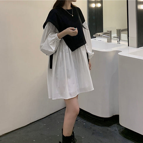 シャツワンピース レディース シャツワンピース レディース ベストレイヤード風 おしゃれ 長袖ワンピース 白 アシンメトリー チュニックワンピ 86XANYT-002