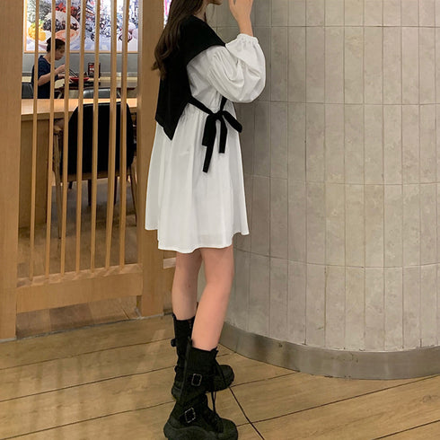 シャツワンピース レディース シャツワンピース レディース ベストレイヤード風 おしゃれ 長袖ワンピース 白 アシンメトリー チュニックワンピ 86XANYT-002