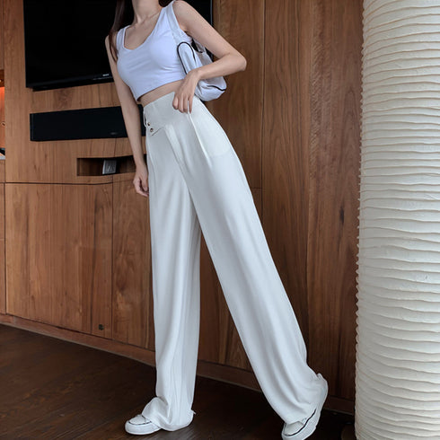 ストレートパンツ レディース 韓国夏新作 ハイウエスト美脚 ドレープパンツ ウエストゴム きれいめカジュアル セミワイドパンツ 脚長 オルチャン タックパンツ薄手 86XANYT-005