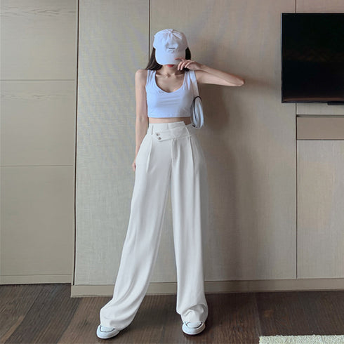 ストレートパンツ レディース 韓国夏新作 ハイウエスト美脚 ドレープパンツ ウエストゴム きれいめカジュアル セミワイドパンツ 脚長 オルチャン タックパンツ薄手 86XANYT-005