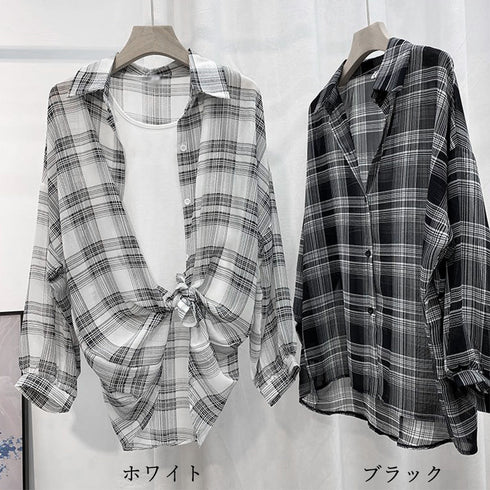 チェック柄 カーディガン レディース 長袖 ロングカーディガン 薄手 シアー シャツブラウス UV防止 トップス 春夏 カジュアル チェックシャツ 着やせ 86XANYT-006