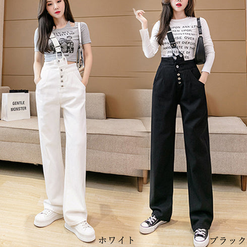 ワンショルダー サロペットデニムパンツ レディース ストレート サスペンダーパンツ 2way ジーンズ ジーパン 美脚 ハイウエスト オールインワン 韓国 86XANYT-008