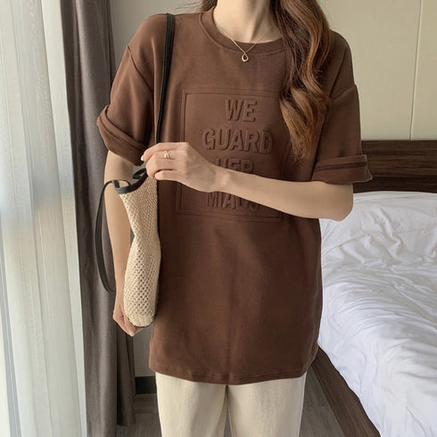 立体ロゴtシャツ 韓国チュニックロンT プルオーバー 着やせ ビッグtシャツ ゆったり おしゃれ カットソー 半袖 トップス 大人カジュアル Tシャツ 86XANYT-012