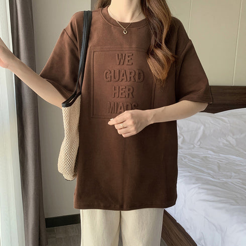立体ロゴtシャツ 韓国チュニックロンT プルオーバー 着やせ ビッグtシャツ ゆったり おしゃれ カットソー 半袖 トップス 大人カジュアル Tシャツ 86XANYT-012