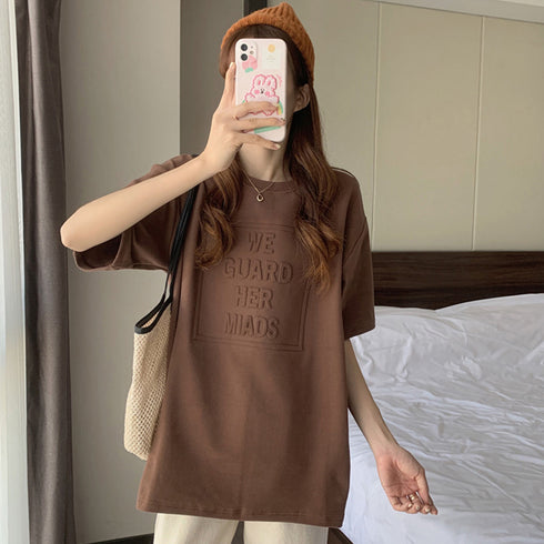 立体ロゴtシャツ 韓国チュニックロンT プルオーバー 着やせ ビッグtシャツ ゆったり おしゃれ カットソー 半袖 トップス 大人カジュアル Tシャツ 86XANYT-012