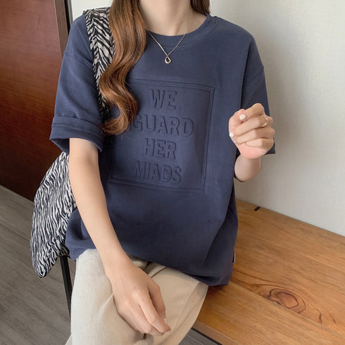 立体ロゴtシャツ 韓国チュニックロンT プルオーバー 着やせ ビッグtシャツ ゆったり おしゃれ カットソー 半袖 トップス 大人カジュアル Tシャツ 86XANYT-012