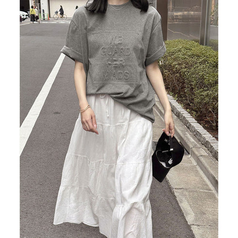 立体ロゴtシャツ 韓国チュニックロンT プルオーバー 着やせ ビッグtシャツ ゆったり おしゃれ カットソー 半袖 トップス 大人カジュアル Tシャツ 86XANYT-012