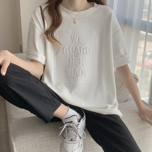 立体ロゴtシャツ 韓国チュニックロンT プルオーバー 着やせ ビッグtシャツ ゆったり おしゃれ カットソー 半袖 トップス 大人カジュアル Tシャツ 86XANYT-012