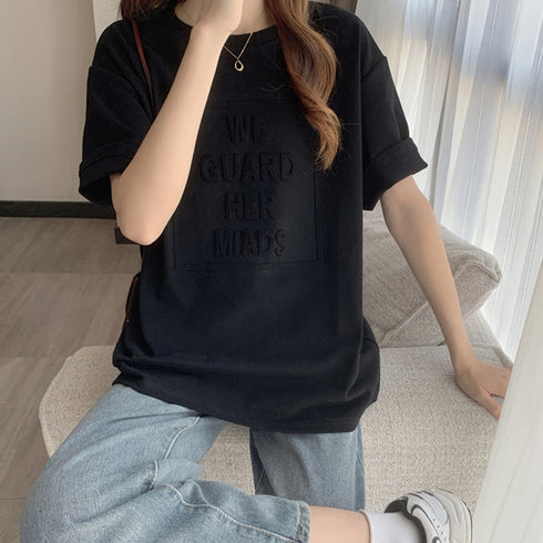 立体ロゴtシャツ 韓国チュニックロンT プルオーバー 着やせ ビッグtシャツ ゆったり おしゃれ カットソー 半袖 トップス 大人カジュアル Tシャツ 86XANYT-012