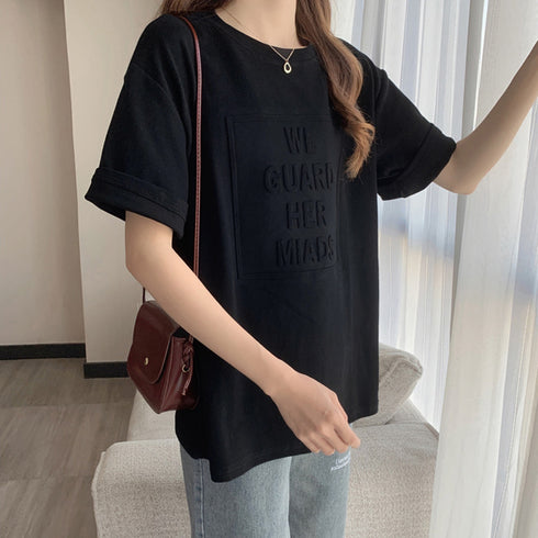 立体ロゴtシャツ 韓国チュニックロンT プルオーバー 着やせ ビッグtシャツ ゆったり おしゃれ カットソー 半袖 トップス 大人カジュアル Tシャツ 86XANYT-012