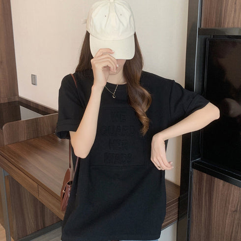 立体ロゴtシャツ 韓国チュニックロンT プルオーバー 着やせ ビッグtシャツ ゆったり おしゃれ カットソー 半袖 トップス 大人カジュアル Tシャツ 86XANYT-012