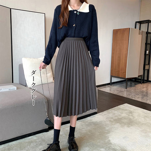 プリーツスカート ハイウエスト 着やせ レディース ミモレ丈スカート ウエストゴム 無地 フレアスカート きれいめ ボトムス かわいい 体型カバー オルチャン 86XANYT-022