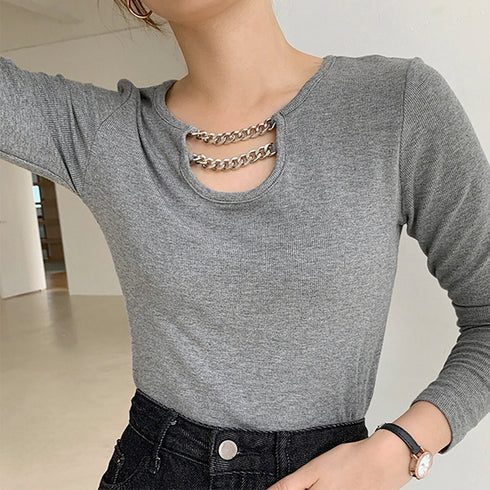 ネックレス風 Tシャツ レディース 長袖 オシャレ チェーン飾り付き カットソー シンプル 無地 トップス オルチャン 着やせインナートップス セクシー 86XANYT-026