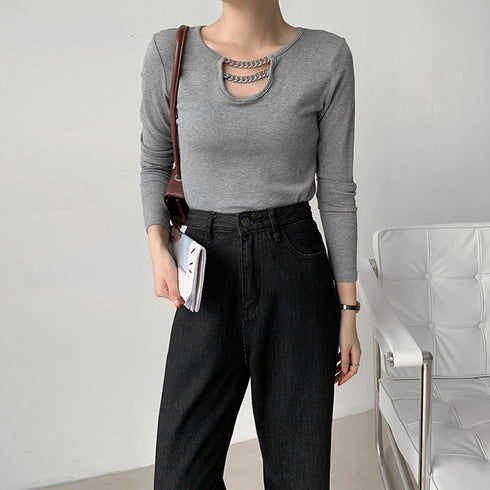 ネックレス風 Tシャツ レディース 長袖 オシャレ チェーン飾り付き カットソー シンプル 無地 トップス オルチャン 着やせインナートップス セクシー 86XANYT-026