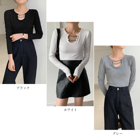 ネックレス風 Tシャツ レディース 長袖 オシャレ チェーン飾り付き カットソー シンプル 無地 トップス オルチャン 着やせインナートップス セクシー 86XANYT-026